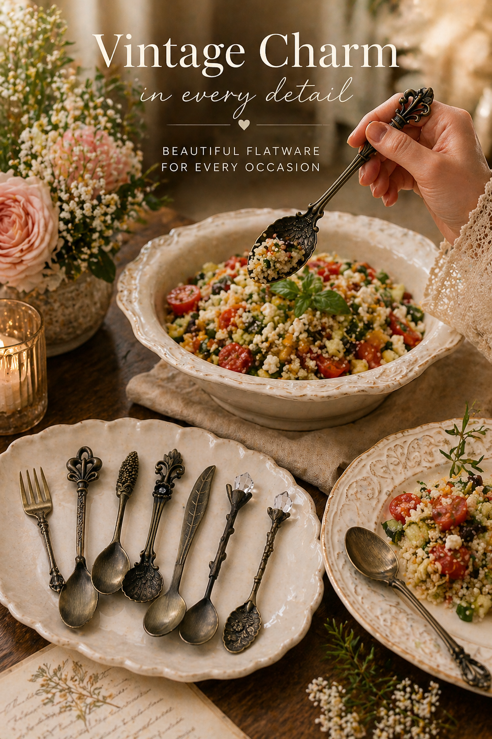 Vintage flatware set on a table with a bowl of salad and flowers in the background.