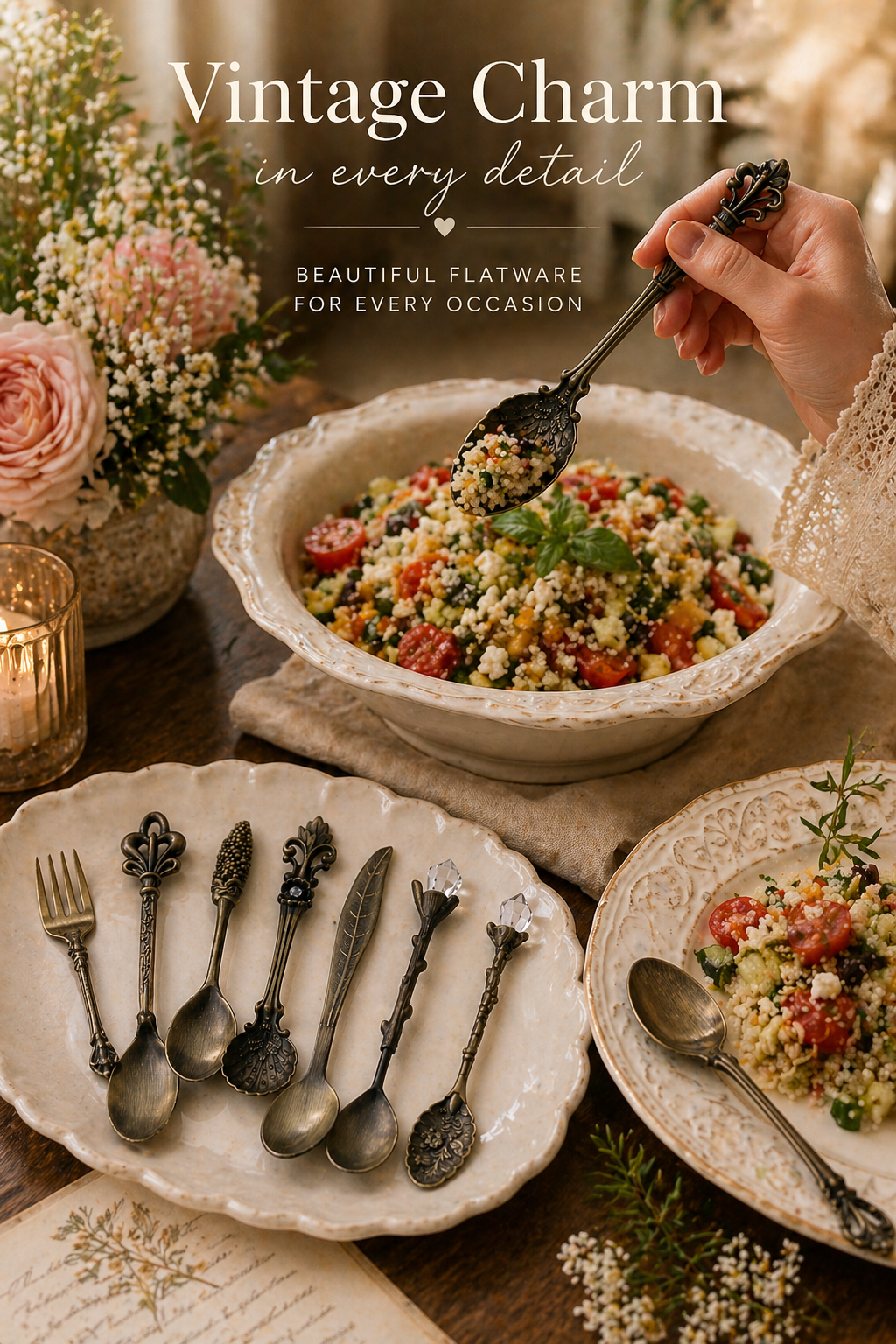 Vintage flatware set on a table with a bowl of salad and flowers in the background.