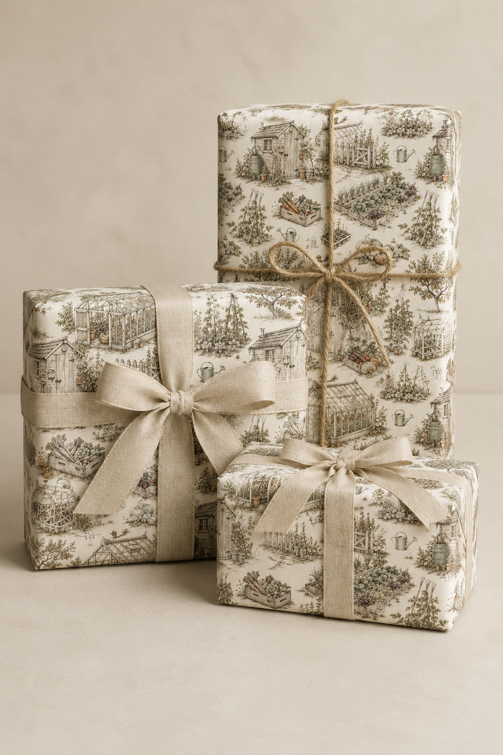 Vintage gardening wrapping paper with British allotment scene and subtle colour accents.