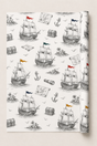 Vintage pirate ship gift wrap with monochrome sailing ship illustration and coloured flag details.