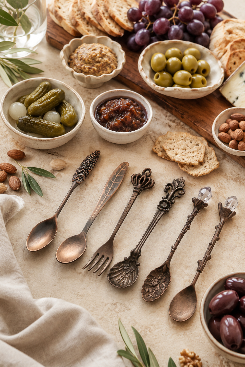 Assorted spoons and forks on a table with small bowls of pickles, olives, and other snacks.