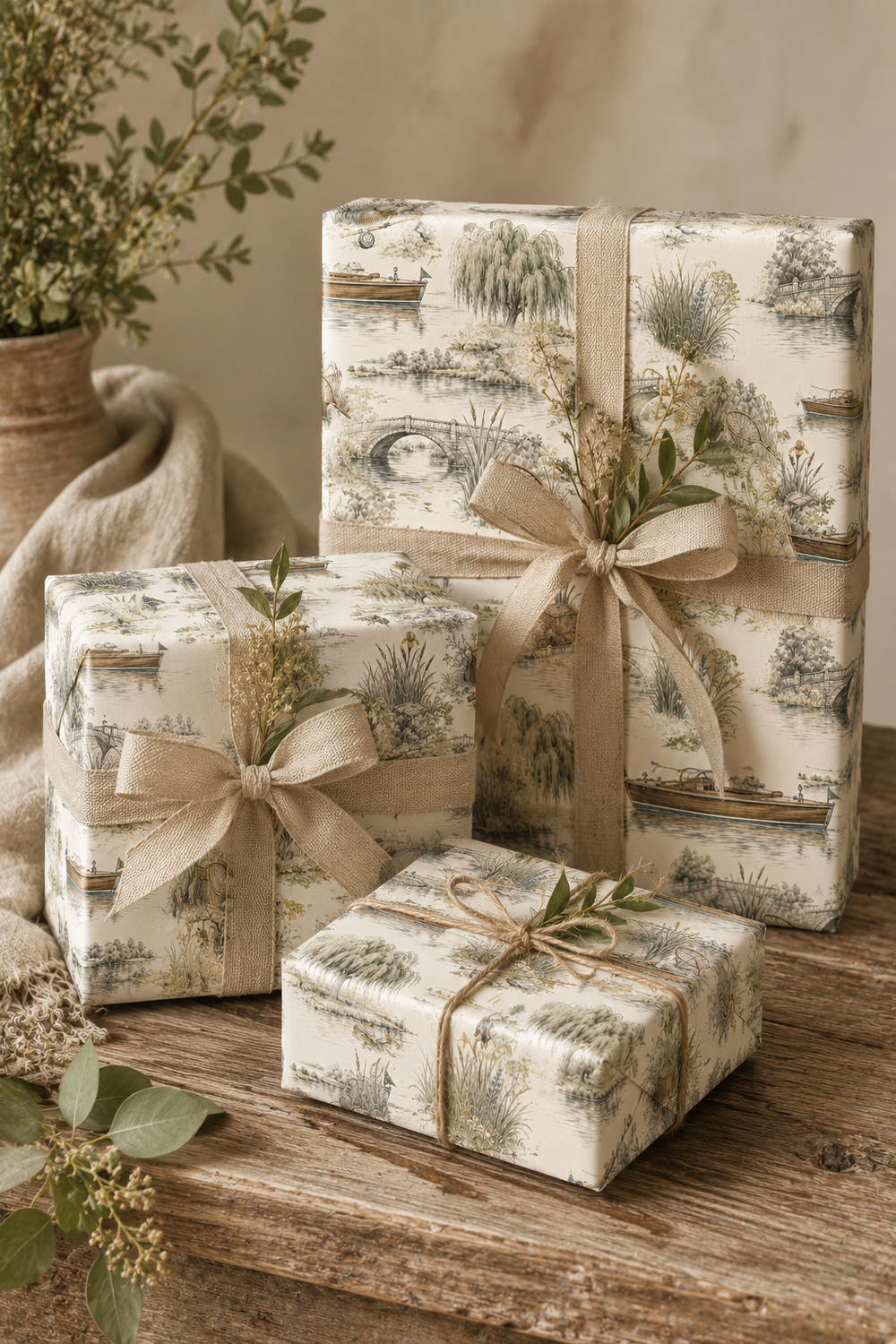 Vintage riverbank wrapping paper with countryside scene and subtle colour accents.