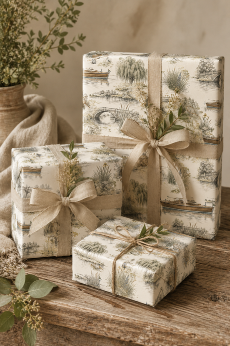 Vintage riverbank wrapping paper with countryside scene and subtle colour accents.