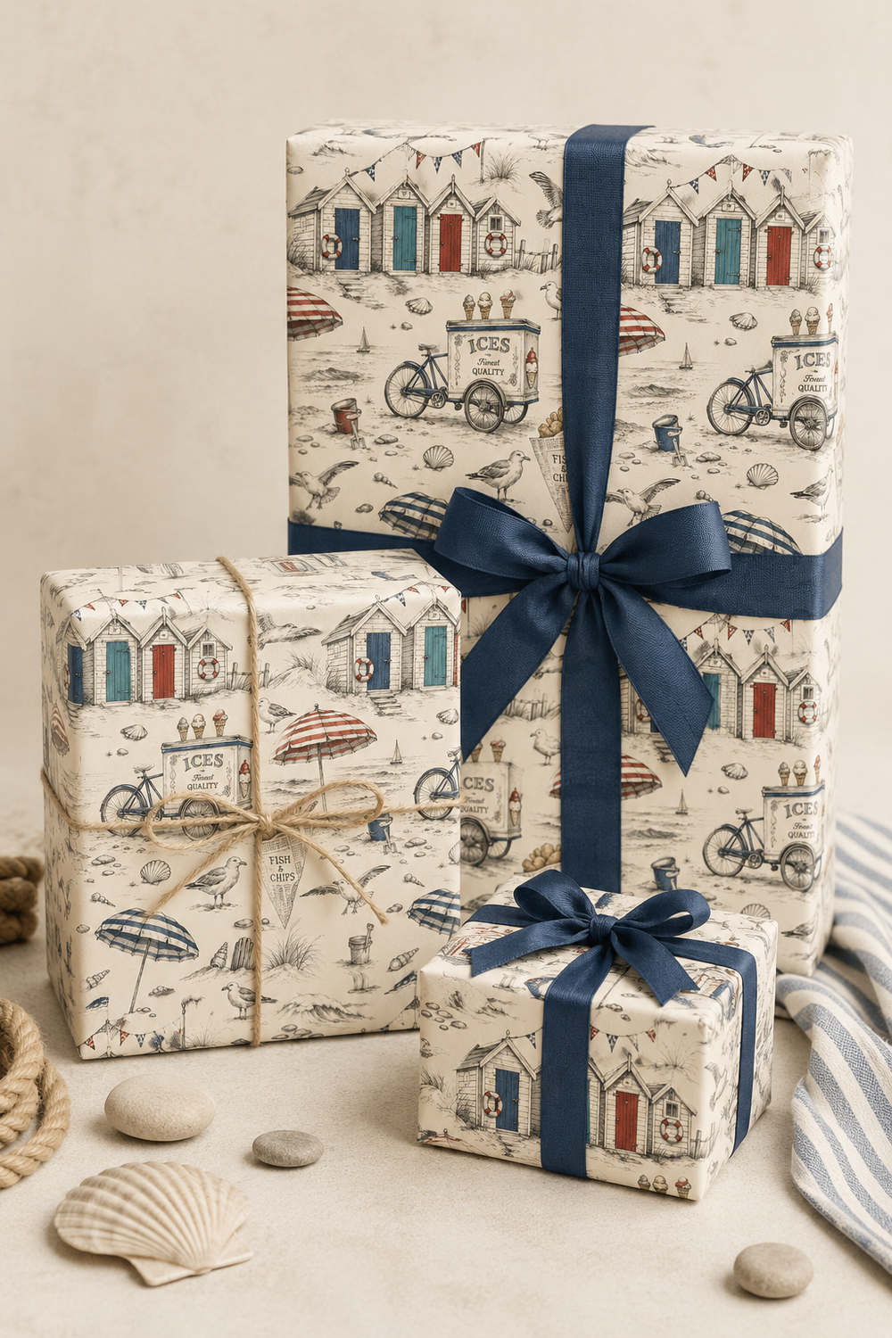 Vintage seaside wrapping paper on a clean white background for beach and coastal gifts.