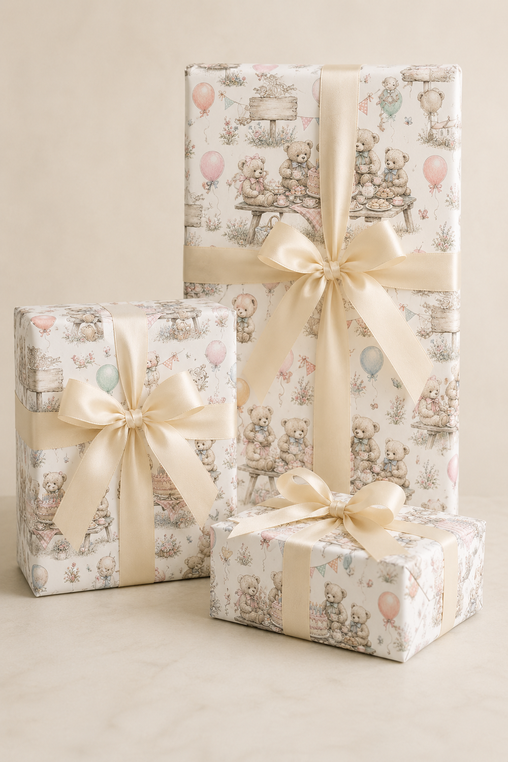 Vintage teddy bear gift wrap with birthday cake, balloons and picnic details on a white background.