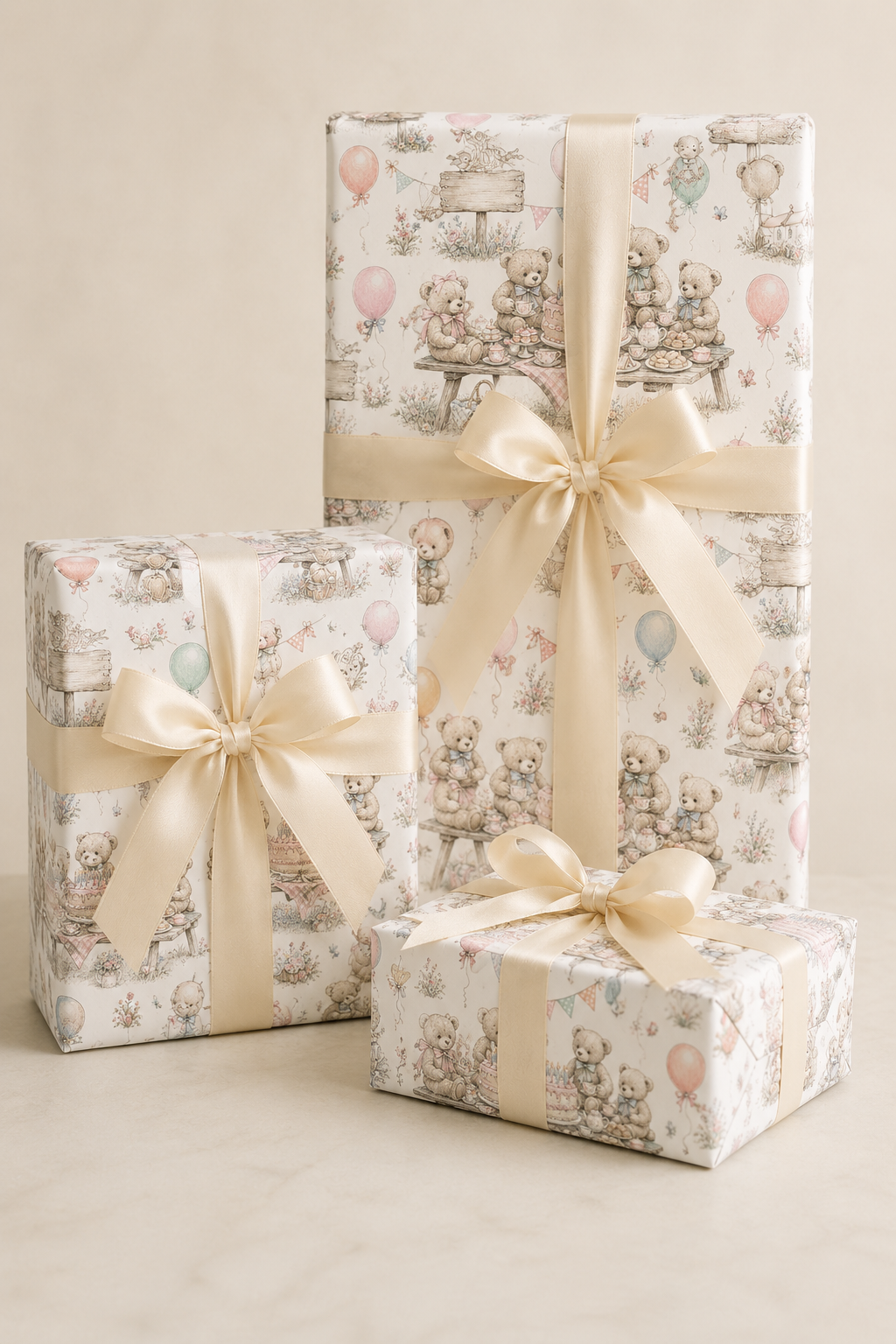 Vintage teddy bear gift wrap with birthday cake, balloons and picnic details on a white background.
