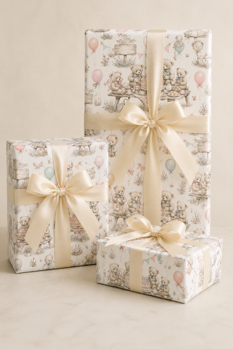Vintage teddy bear gift wrap with birthday cake, balloons and picnic details on a white background.