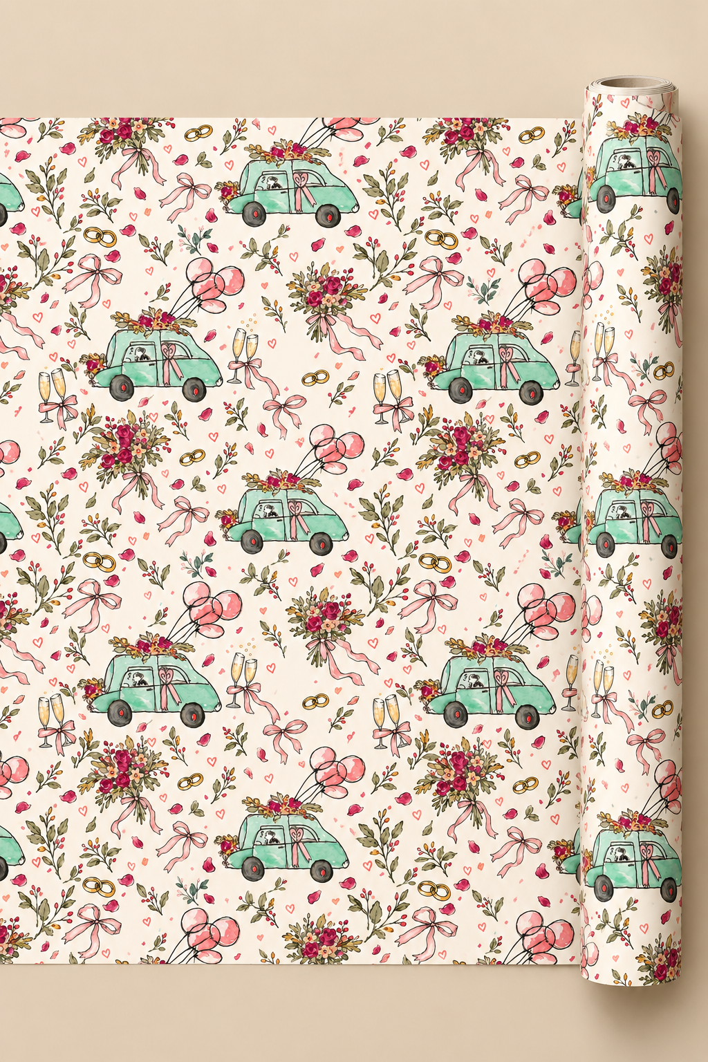 A roll of Wacky Wedding Car Wrapping Paper in Mint Green & Pink