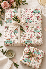 Two wrapped gift boxes on a Wacky Wedding Car Wrapping Paper in Mint Green & Pink