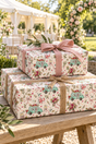 Wacky Wedding Car wrapping paper with mint-green cars, a small dog, pink balloons, bouquets and wedding rings on an ivory background.