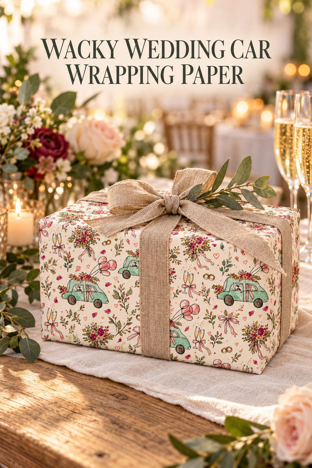 A gift box wrapped in Wacky Wedding Car Wrapping Paper in Mint Green & Pink, styled on a rustic wooden table with flowers, candles, and champagne glasses in the background. Text at the top reads 'WACKY WEDDING CAR WRAPPING PAPER'.