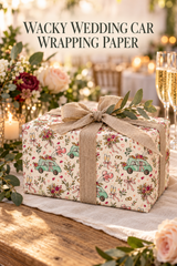 A gift box wrapped in Wacky Wedding Car Wrapping Paper in Mint Green & Pink, styled on a rustic wooden table with flowers, candles, and champagne glasses in the background. Text at the top reads 'WACKY WEDDING CAR WRAPPING PAPER'.