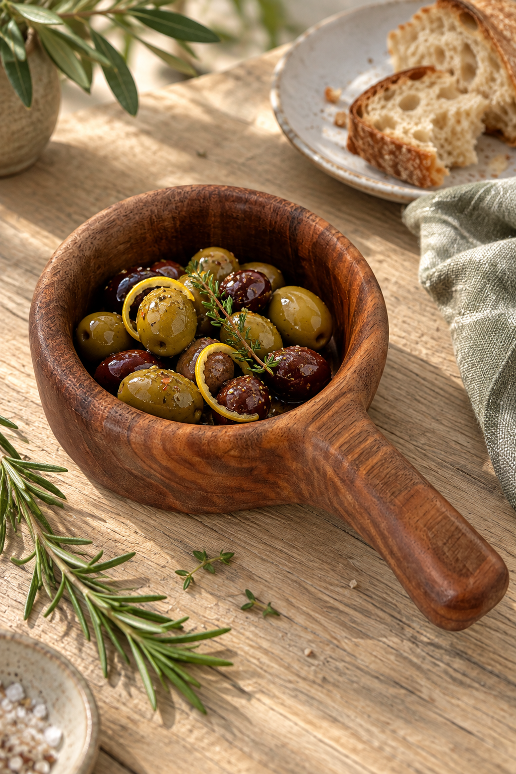 A wooden bowl filled with stuffed green and black olives, garnished with lemon slices and herbs, set on a rustic wooden table with bread, rosemary, and a napkin nearby.