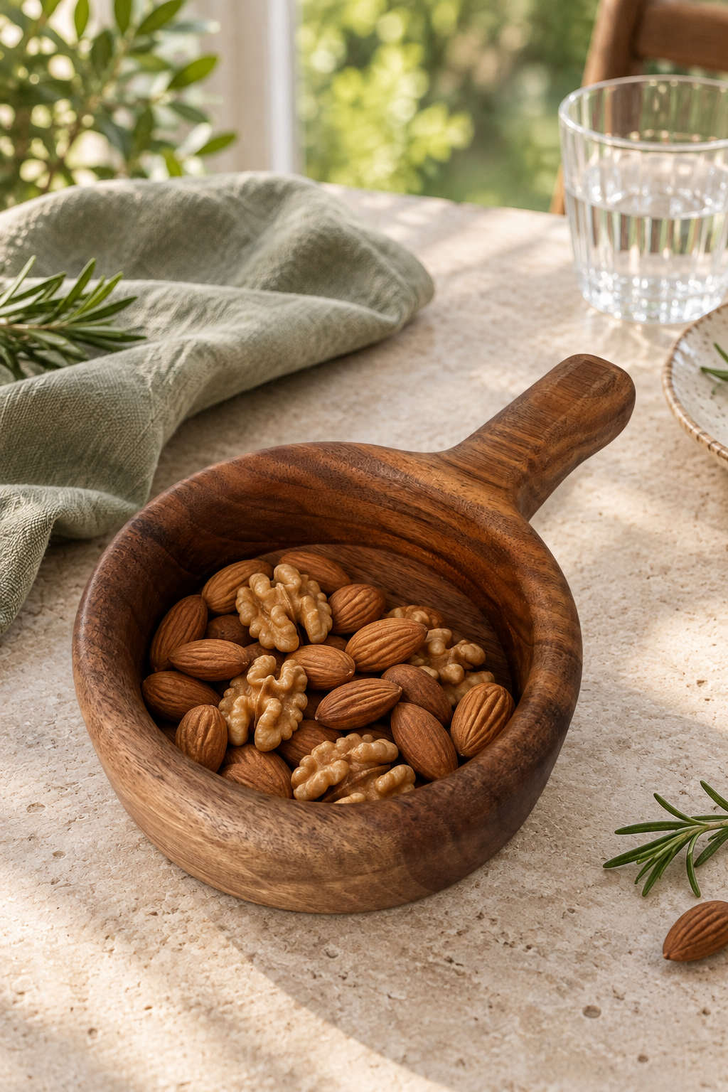 A round wooden bowl with a handle, filled with almonds and walnuts, set on a light stone tabletop with a green linen napkin, rosemary sprigs, and a glass of water in a bright, natural setting.