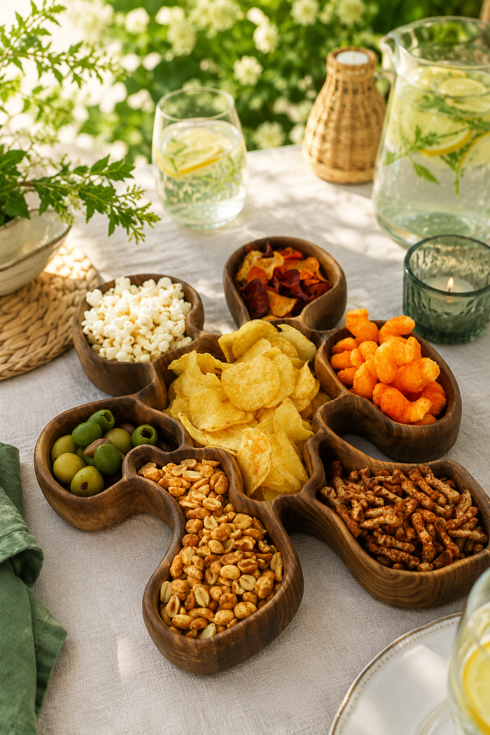 Walnut Wooden snack platter with various snacks on a table outdoors.