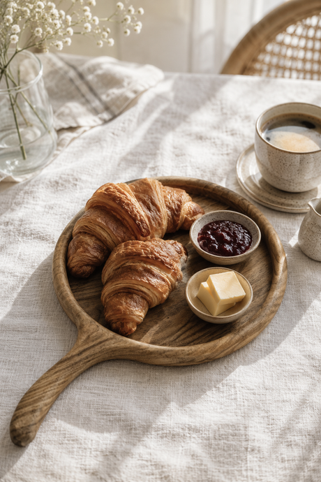 Walnut Wooden tray with croissants, jam, and butter on a light fabric surface.