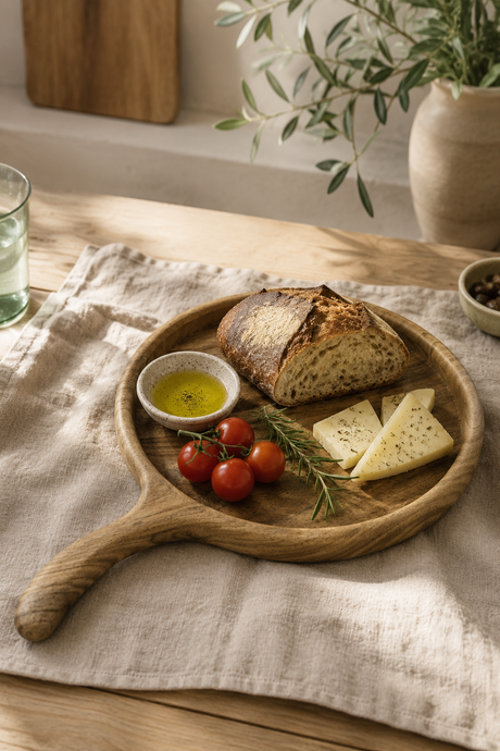 Walnut Wooden plate with bread, cheese, and tomatoes on a linen cloth.