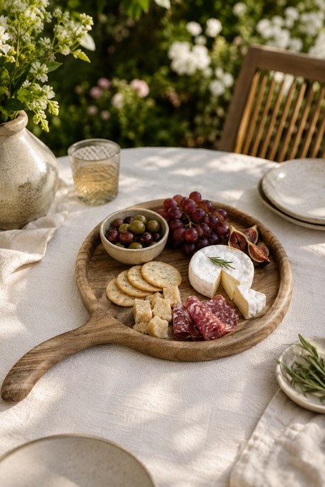 Walnut Wooden platter with assorted meats, cheeses, and grapes on a table outdoors.