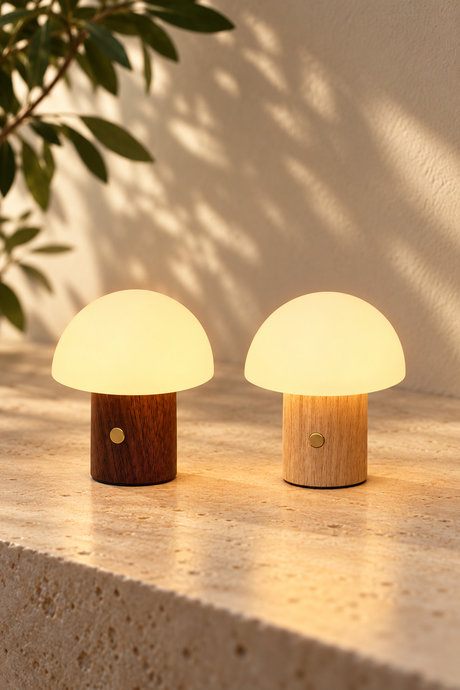 Super Mini Alice Mushroom Lamps in Walnut and White Ash glowing warm white on a pale stone surface
