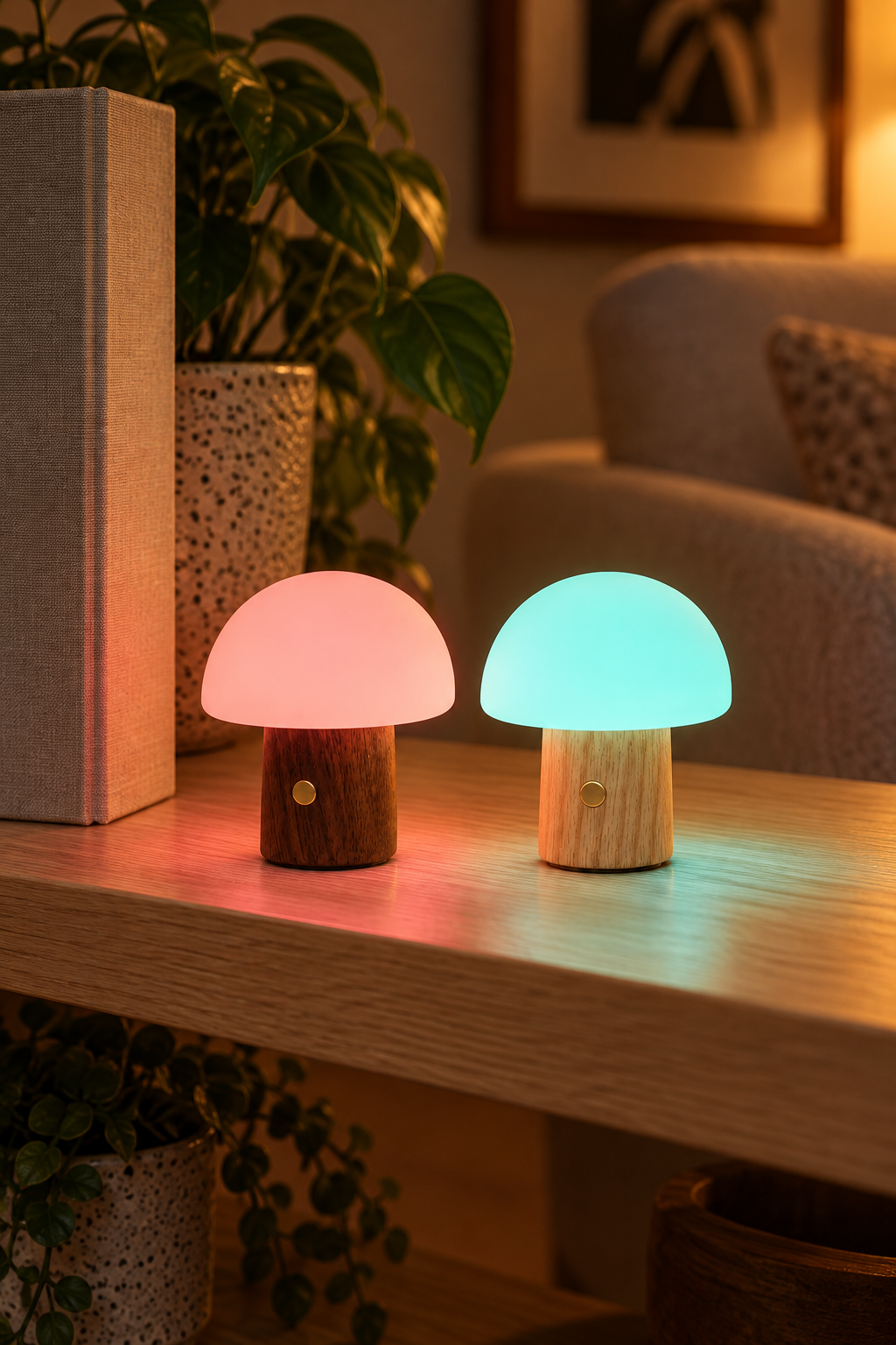Super Mini Alice Mushroom Lamps in Walnut and White Ash displaying pink and turquoise light on a wooden shelf