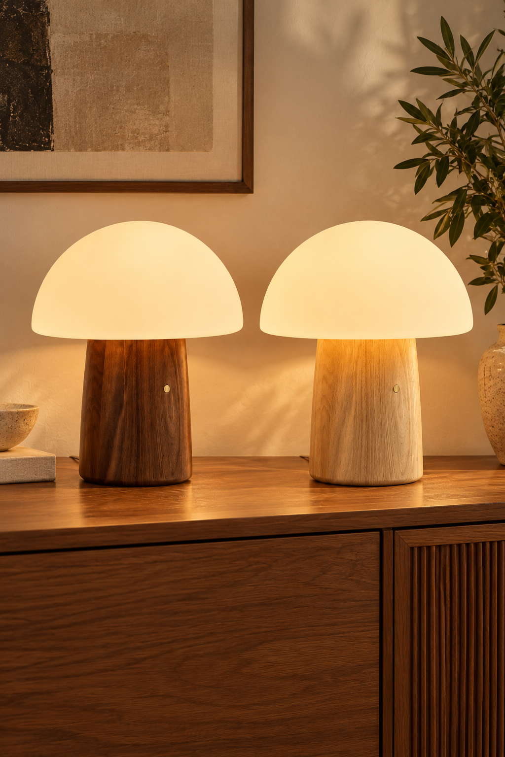 Large Alice Mushroom Lamps in walnut and white ash glowing warm white side by side on a wooden sideboard.