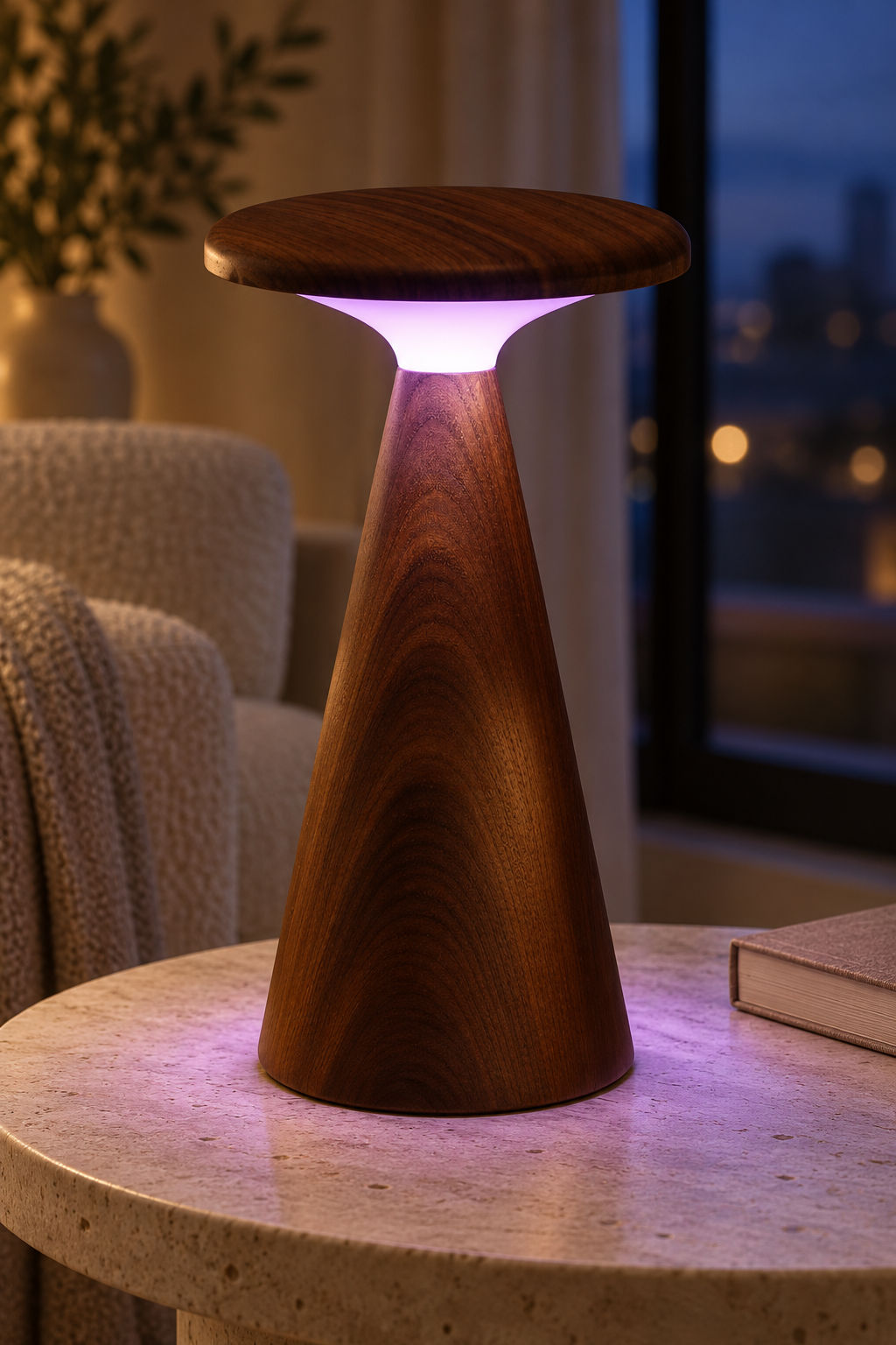 Rechargeable LED table lamp in walnut wood and frosted acrylic. Features touch controls, adjustable brightness, warm white light, seven rotating RGB colours and a fixed-colour setting. Measures approximately 12 × 12 × 21cm and weighs 449g