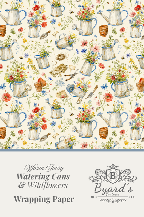A wrapping paper design sheet featuring a repeating watercolor pattern of vintage blue watering cans filled with wildflowers on a cream background, with a lower text panel reading 'Warm Ivory Watering Cans & Wildflowers Wrapping Paper' and the Byard's Boutique logo.
