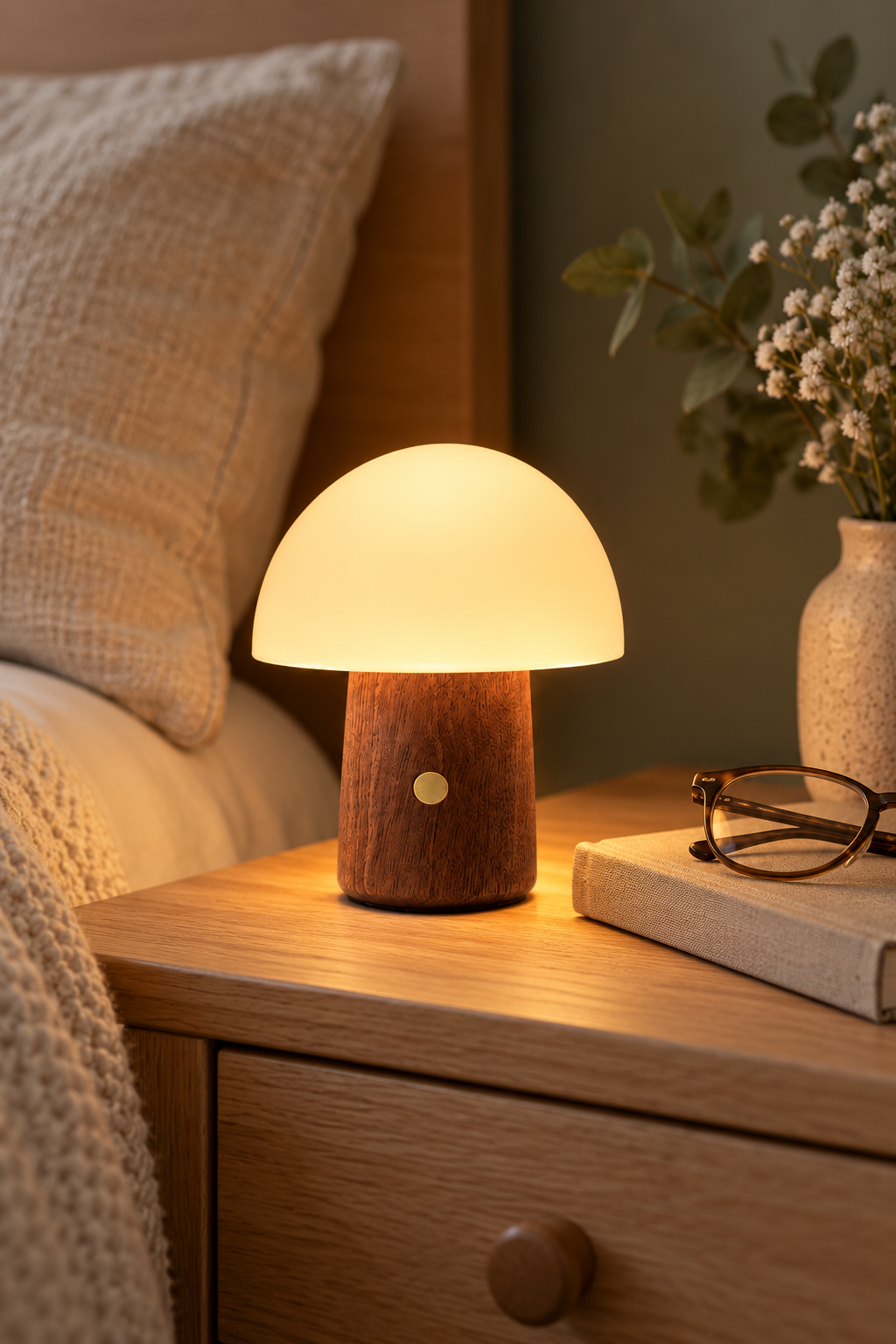 Mini Alice Mushroom Lamp in Walnut with its frosted shade glowing warm white
