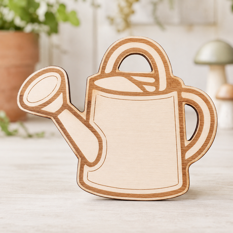 A small wooden watering can decoration standing on a light tabletop, with a softly blurred indoor background including plants and a mushroom-shaped object.