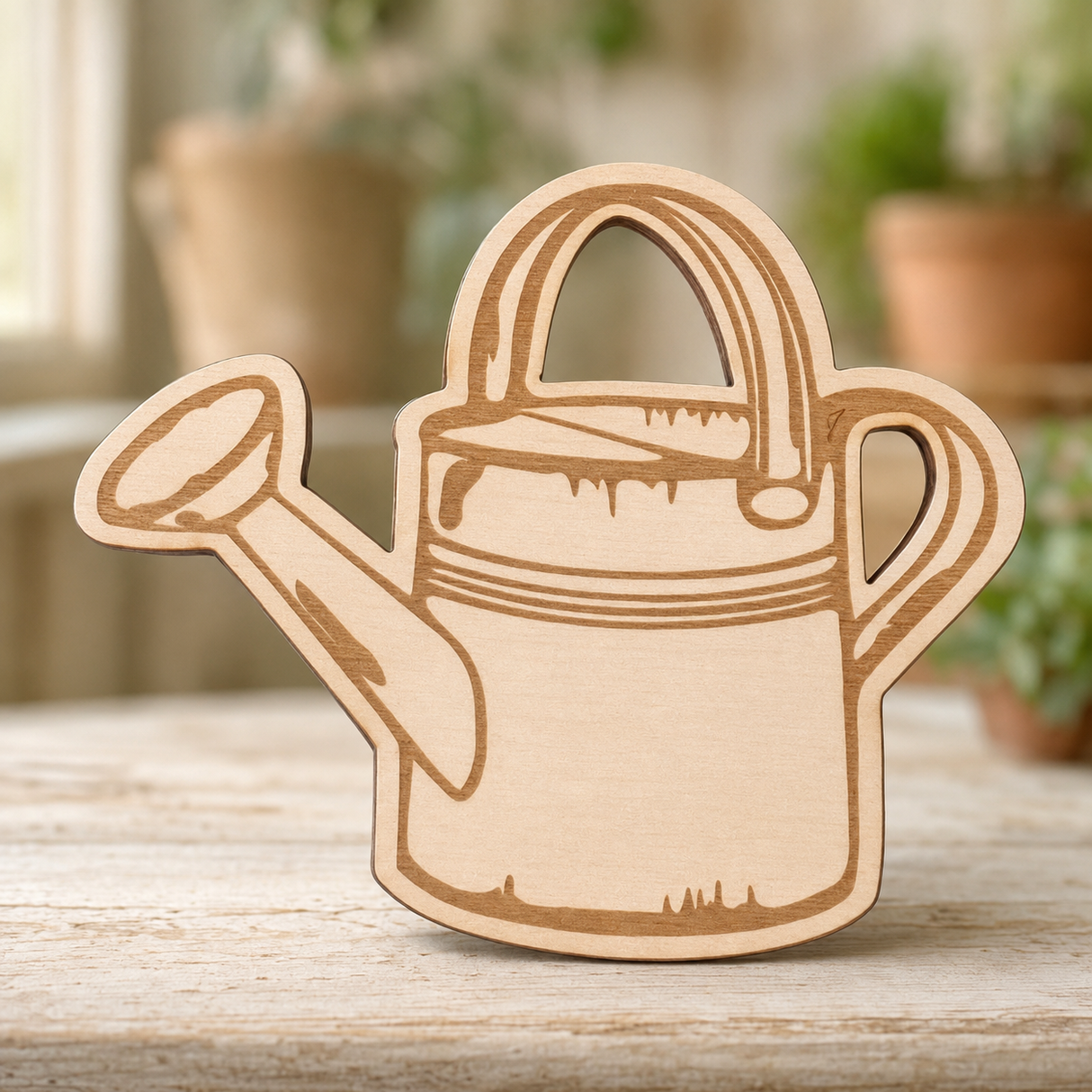 A laser-cut wooden watering can sign standing on a rustic wooden table with a blurred indoor garden background.