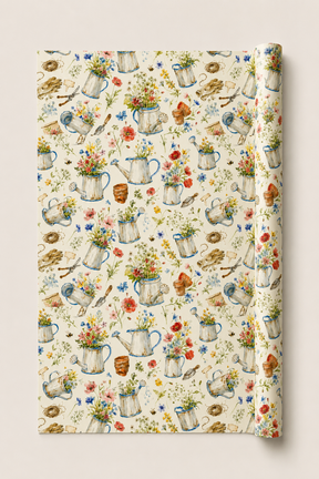 A roll of wrapping paper with a vintage watercolor pattern of watering cans, flowers, and gardening tools on a cream background, shown partially unrolled.