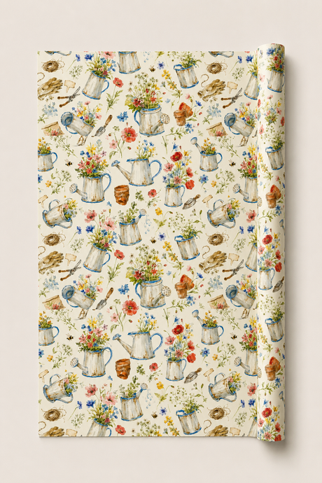 A roll of wrapping paper with a vintage watercolor pattern of watering cans, flowers, and gardening tools on a cream background, shown partially unrolled.