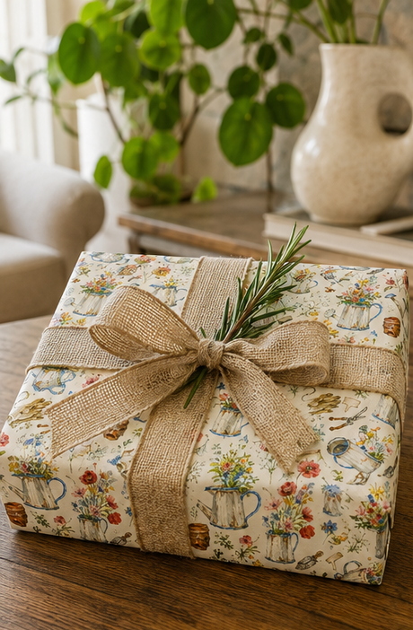 A gift box wrapped in cream coloured paper with a vintage floral and watering cans pattern, tied with a wide burlap ribbon and topped with a green rosemary sprig, set on a wooden table in a cozy indoor setting.
