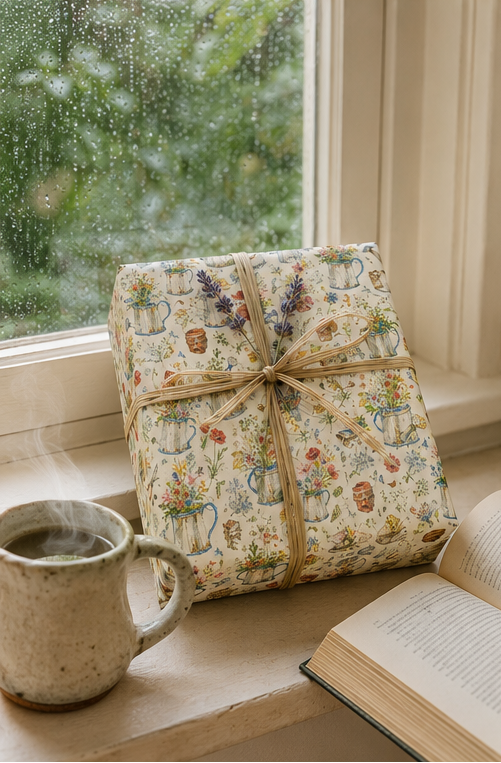 A gift box wrapped in cream coloured floral paper with blue and red and yellow in watering cans flowers, tied with a jute twine bow, sits on a windowsill next to a steaming mug and an open book.