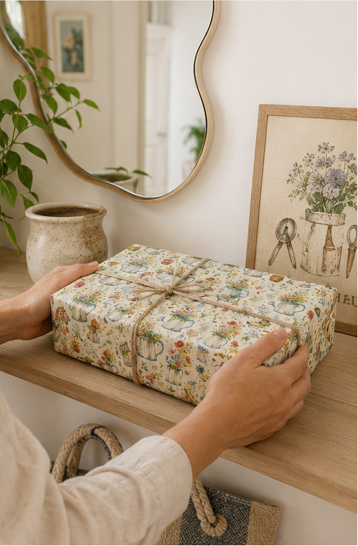 A person's hands are shown wrapping a square gift box in a delicate vintage floral and botanical with watering cans patterned wrapping paper with a rustic twine bow. The scene is set on a light wooden shelf in a warm, styled room with a wavy mirror, a ceramic pot, and a framed print.