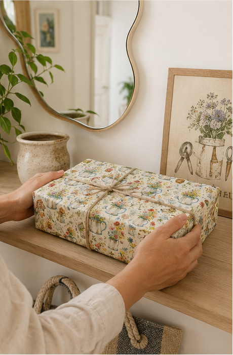 A person's hands are shown wrapping a square gift box in a delicate vintage floral and botanical with watering cans patterned wrapping paper with a rustic twine bow. The scene is set on a light wooden shelf in a warm, styled room with a wavy mirror, a ceramic pot, and a framed print.