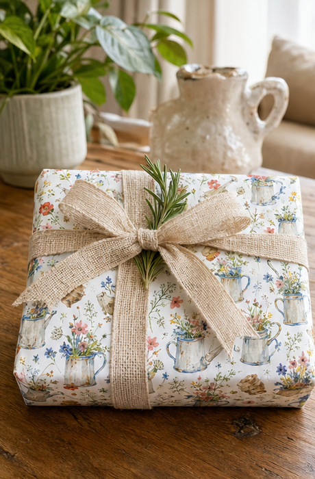 A wrapped gift box on a rustic wooden table, featuring floral watering can wrapping paper with blue and white watering cans, gift tied with large tan burlap ribbon bow with a sprig of rosemary.