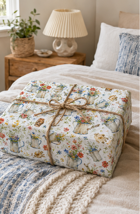 A wrapped gift box tied with twine sits on a bed in a softly styled bedroom. The box is covered in cream wrapping paper printed with a vintage watering can and floral pattern in muted blue, red, and green tones on an off white background.