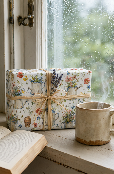 A gift box wrapped in floral vintage-style paper with a beige twine bow sits on a rustic windowsill next to an open book and a ceramic mug, with raindrops visible on the window.