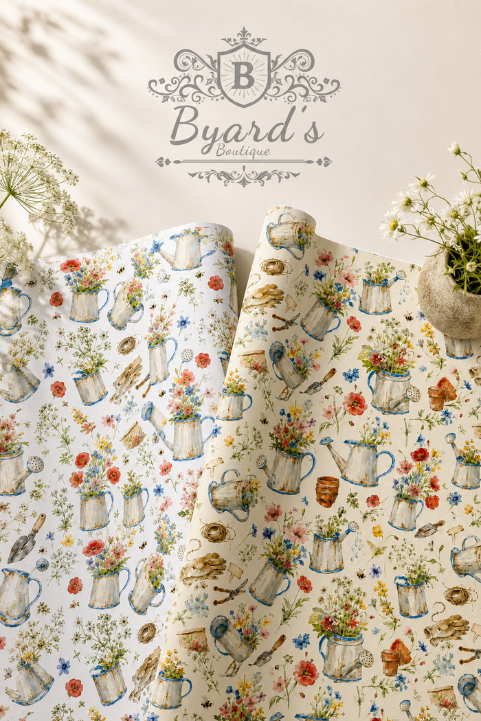 A roll of wrapping paper with a vintage watering can pattern featuring watering cans, flowers, and small garden tools on an off-white background, styled with dried flowers and a brand logo overlay for Byard's Boutique.