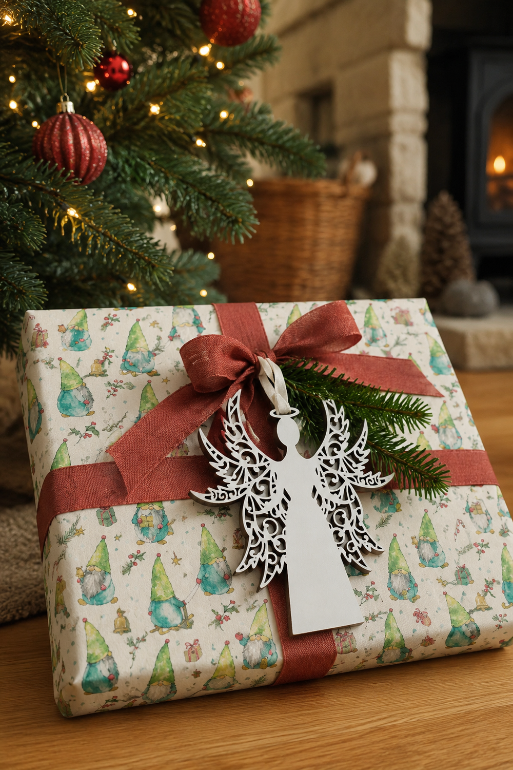 White laser-cut angel gift tag with filigree wings, tied to a present wrapped in Festive Gonks Christmas paper.
