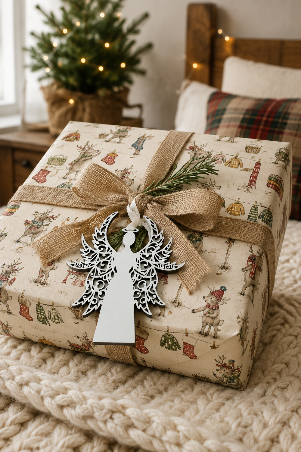 White filigree angel gift tag tied to a Reindeer Washing Day wrapped present in a cosy Christmas bedroom.
