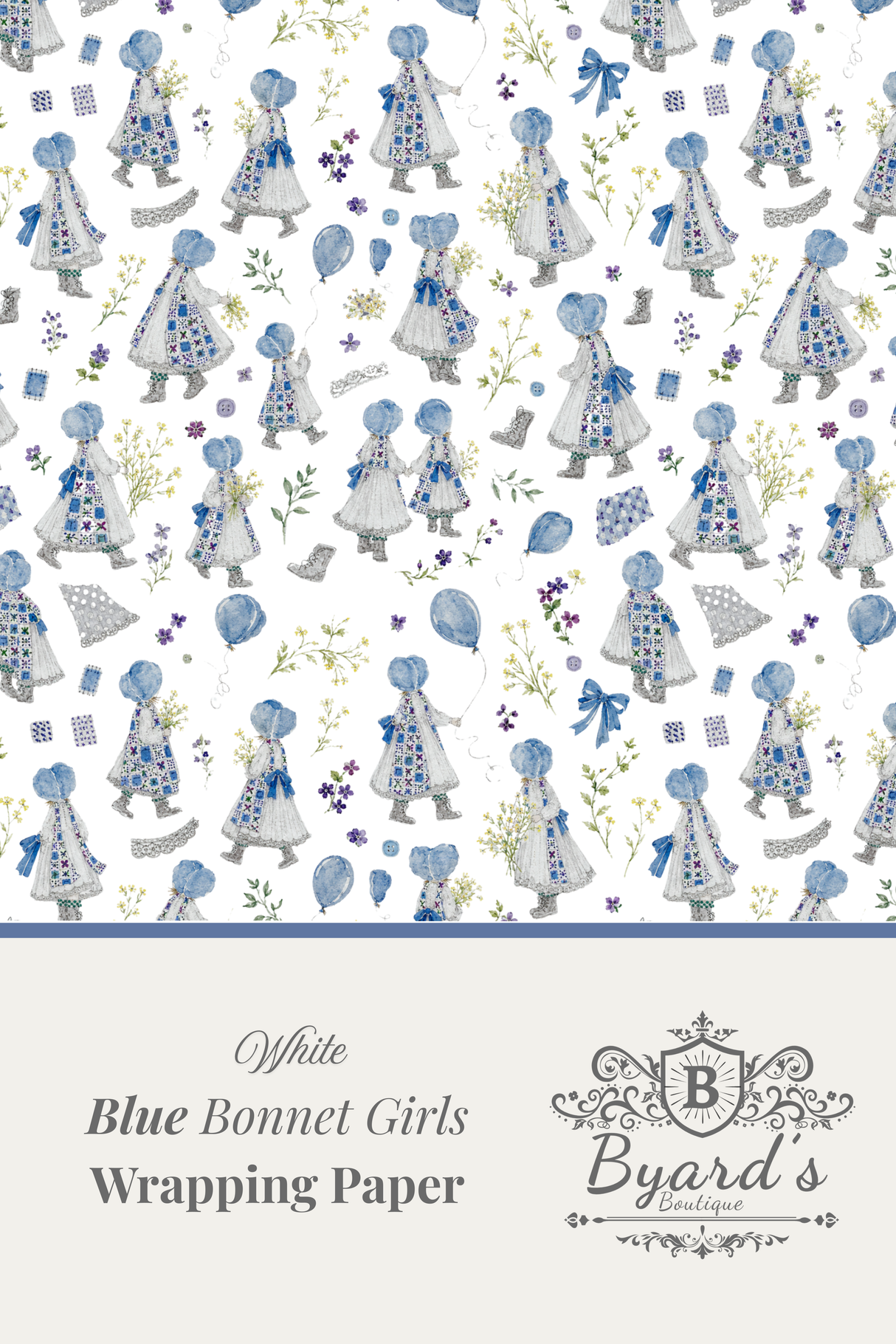 White wrapping paper with a repeating pattern of blue bonnet girls in white dresses, shown with a branded label strip at the bottom reading 'White Blue Bonnet Girls Wrapping Paper' and 'Byard's'.