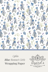 White wrapping paper with a repeating pattern of blue bonnet girls in white dresses, shown with a branded label strip at the bottom reading 'White Blue Bonnet Girls Wrapping Paper' and 'Byard's'.