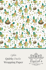 White wrapping paper featuring a repeating watercolor pattern of quirky ducks in green, yellow, and orange, with a solid teal border and text reading 'White Quirky Ducks Wrapping Paper' and the Byard's Boutique logo.