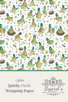 White wrapping paper featuring a repeating watercolor pattern of quirky ducks in green, yellow, and orange, with a solid teal border and text reading 'White Quirky Ducks Wrapping Paper' and the Byard's Boutique logo.