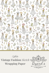 Vintage fashion sketch wrapping paper pattern featuring illustrated women in white dresses with pink and yellow accents, with a beige banner at the bottom reading 'White Vintage Fashion Sketch Wrapping Paper' and the Byard's Boutique logo.