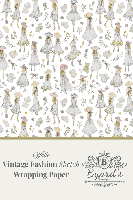 Vintage fashion sketch wrapping paper pattern featuring illustrated women in white dresses with pink and yellow accents, with a beige banner at the bottom reading 'White Vintage Fashion Sketch Wrapping Paper' and the Byard's Boutique logo.