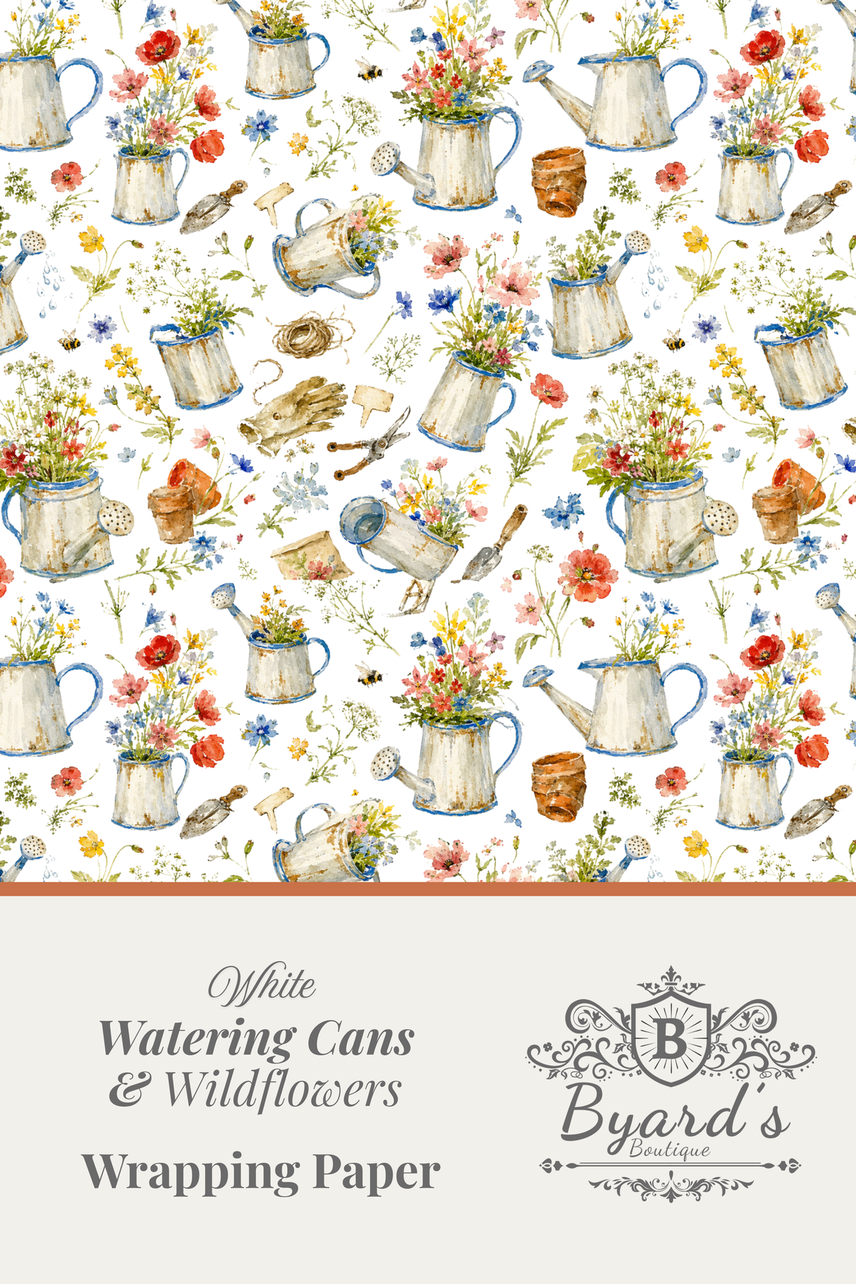 A wrapping paper design sheet with a repeating watercolor pattern of white watering cans filled with wildflowers, shown above a beige text band that reads 'White Watering Cans & Wildflowers Wrapping Paper' with the Byard's Boutique logo.