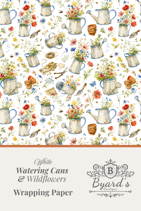 A wrapping paper design sheet with a repeating watercolor pattern of white watering cans filled with wildflowers, shown above a beige text band that reads 'White Watering Cans & Wildflowers Wrapping Paper' with the Byard's Boutique logo.